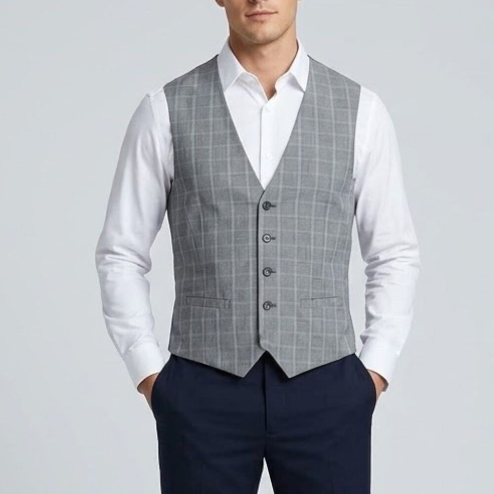 Calvin Klein Mens Vest XL Gray Plaid 100% Cotton Button Front Suit Waistcoat